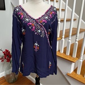 Soft Surroundings XL Rayon Navy Blue Blouse Shirt V-neck Embroidered Boho Tunic